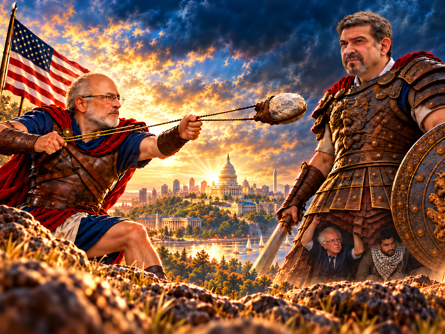 Editorial illustration of Gregg Mele facing a larger political opponent before a shining American city, symbolizing a contest between two visions of government.